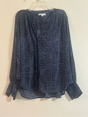 Allison Joy Navy and Black Abstract Tie-Cuff V-Neck Blouse S-M